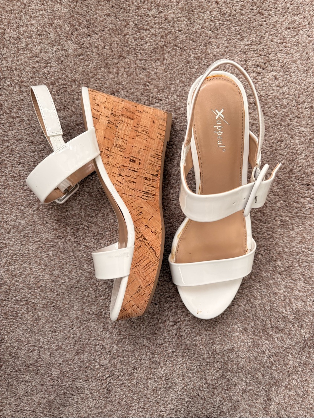 Xappeal White Patent Leather Cork Wedge Sandals